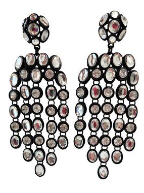 Clear Resin Rhinestone Black Metal Waterfall Chandelier Dangle Post Earring J634